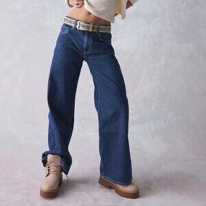 Women's Blue Izzy Pinstripe Mid-Rise Baggy Jean
